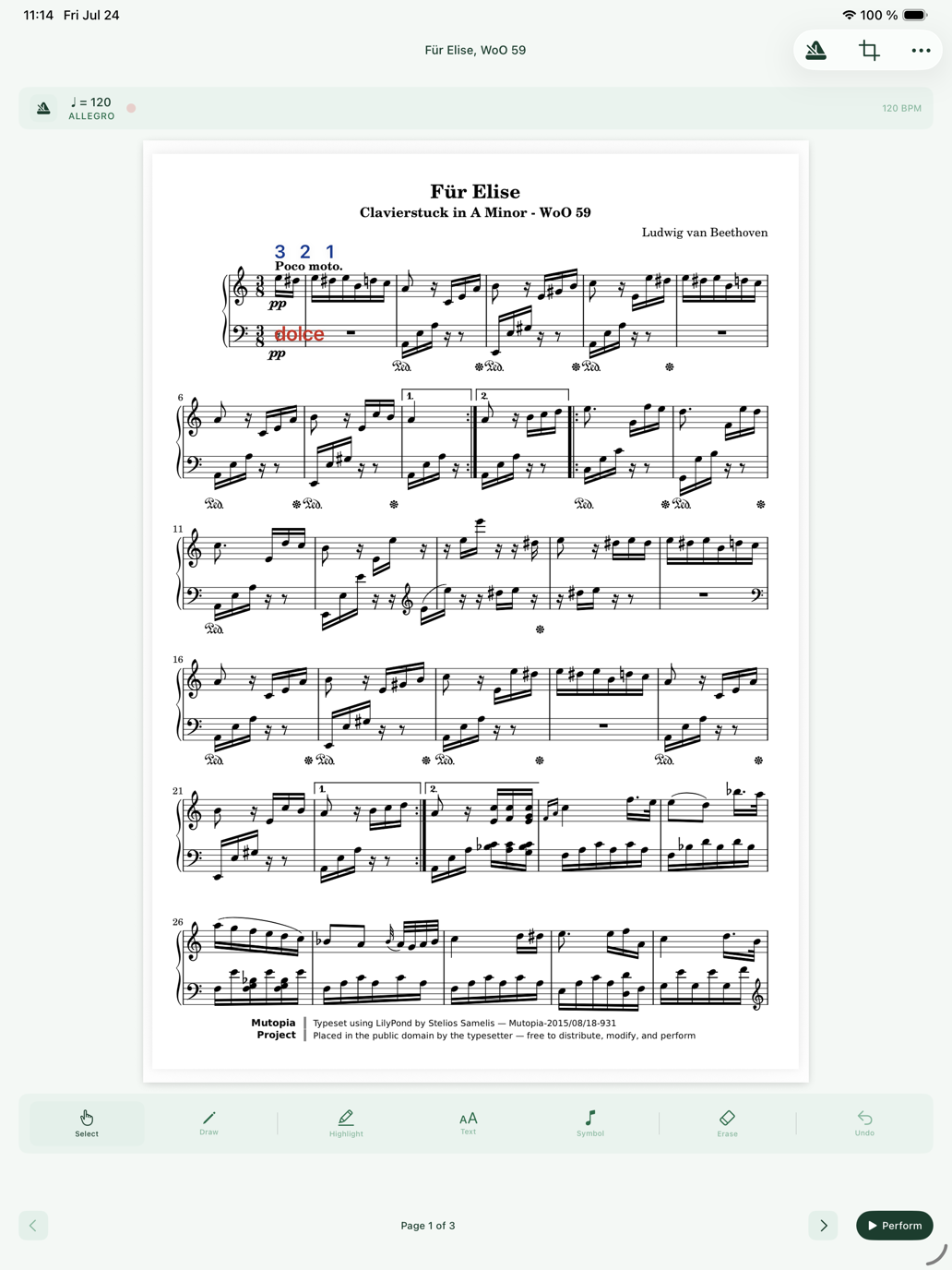 A score page with handwritten Apple Pencil annotations — fingerings and dynamic markings added over the music.