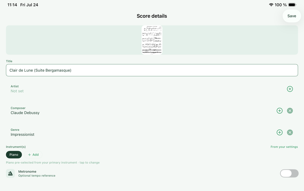 The import screen showing a PDF preview and the metadata fields for title, artist, composer, genre, and BPM.