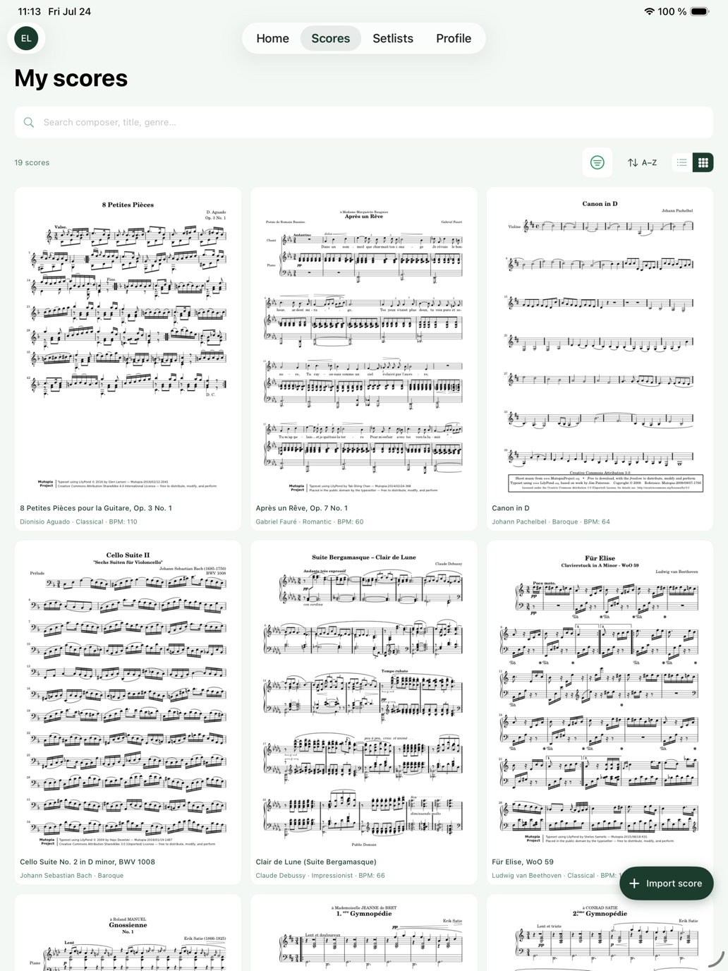 The score library in grid view, showing thumbnails of imported scores with their titles and metadata.